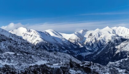 Fototapeta premium Beautiful picturesque landscape of snow-covered mountain hills and pine forests. Generated with AI