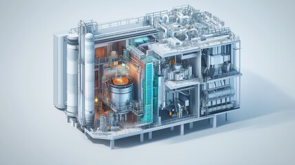 Detailed cutaway technical illustration of a next-generation small modular reactor, revealing internal components, reactor core, and advanced cooling systems. 