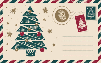 Fototapeta premium Christmas mail with tree, postcard, hand drawn illustration.