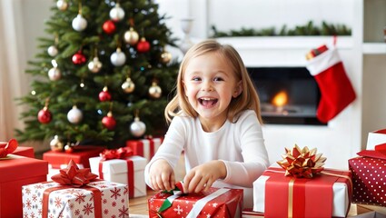 Happy caucasian little small child kid girl daughter celebrating Christmas, unpacking unwrapping opening New Year present gift boxes at home