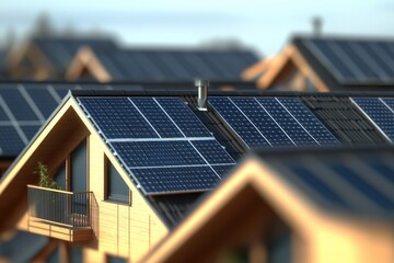 Obraz premium Row of modern houses with solar panels installed on their roofs, an eco-friendly approach to energy generation