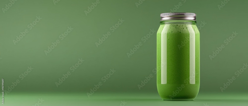 Poster 3d rendering of a glass bottle with a silver lid. the bottle is filled with a green smoothie or juic
