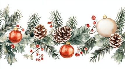 Round Christmas Decoration with Pine Cones and Holly Berries