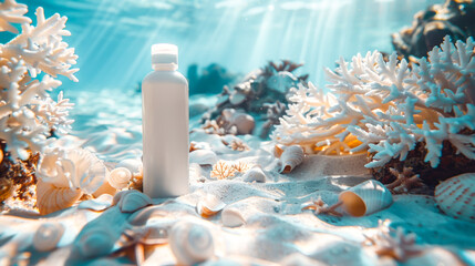 Mock up white cosmetic bottle on the seabed, surrounded by colorful shells and vibrant coral formations. Sunlight filters through the water, creating an ethereal glow. Copy space