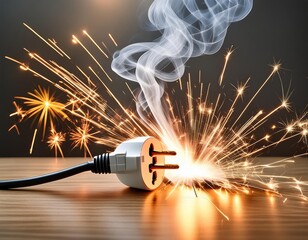An indoor electrical socket on the wall producing dangerous sparks, fire, and smoke. Generated with AI