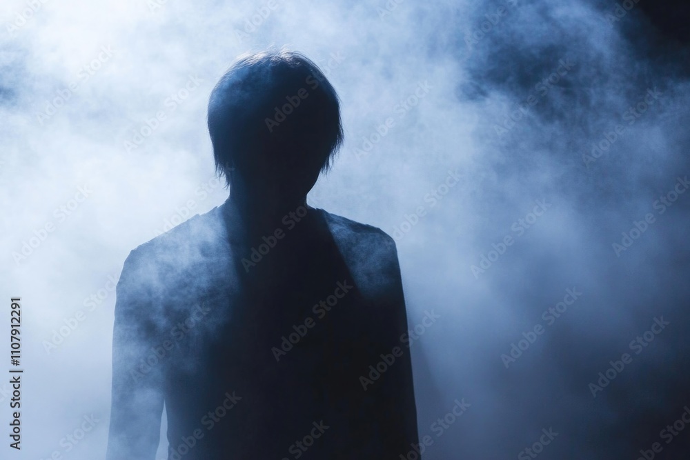 Poster a silhouette of a person standing in front of a cloud of smoke, perfect for use in conceptual or fut