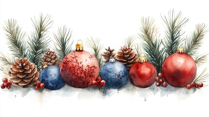 Round Christmas Decorations in Red, Blue, and Green with Pine