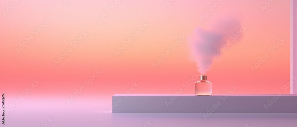 Poster 3d rendering of a perfume bottle on a white platform. the background is a gradient of pink and purpl