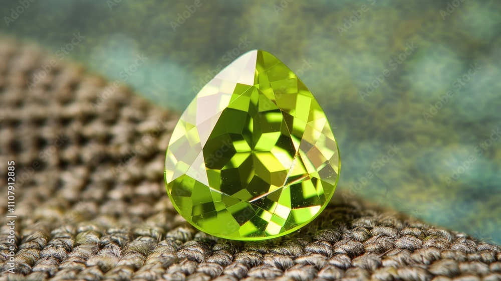 Poster a green gemstone sits atop a fabric surface, offering a pop of color and texture