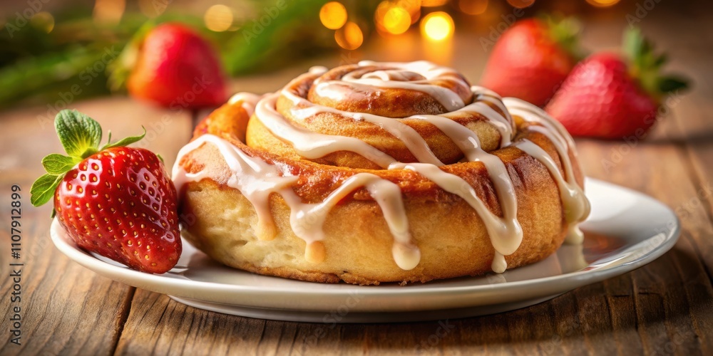Poster a perfectly baked cinnamon roll with a generous layer of sweet icing, accompanied by a ripe strawber