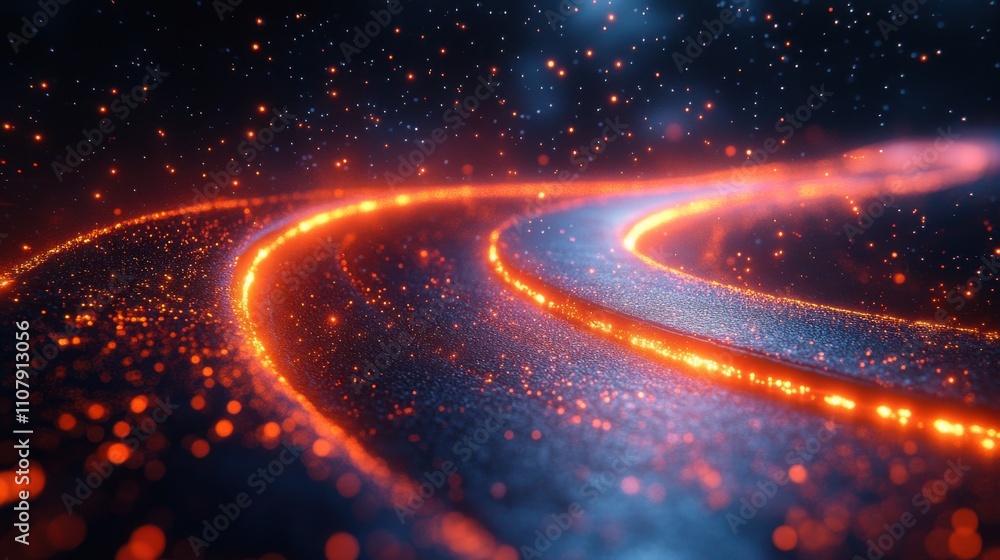Poster racing track with glowing particles background 3d rendering
