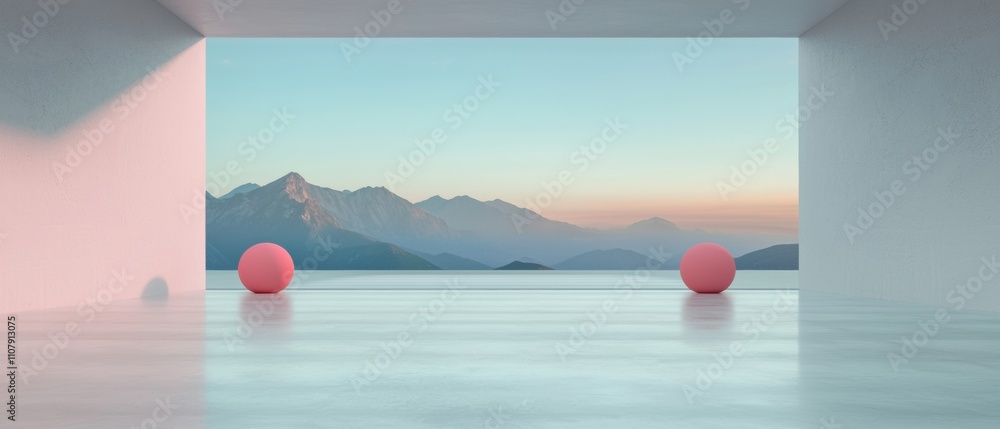Poster empty room with a large window that offers a beautiful view of a mountain range. the room has a whit
