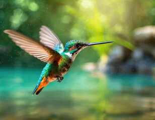 Obraz premium Rare hummingbird flying over the water. Generated with AI
