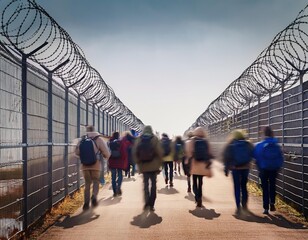 A queue of blurred refugees along a high border fence topped with barbed wire. Generated with AI