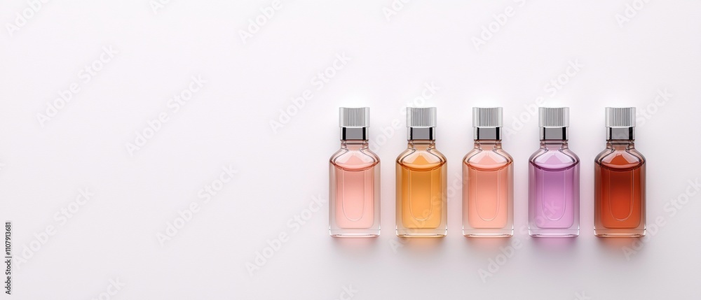 Poster row of six small glass bottles with silver caps. the bottles are arranged in a line and are of diffe