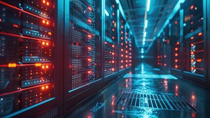 A dimly lit server room featuring rows of servers with glowing red and blue lights, showcasing a modern data center environment.