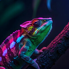 Obraz premium bright neon colors shining on wild chameleon