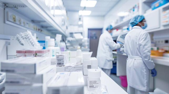 Pharmaceuticals in white lab coat engage in essential tasks within a pharmacy, surrounded by neatly organized medications and laboratory equipment