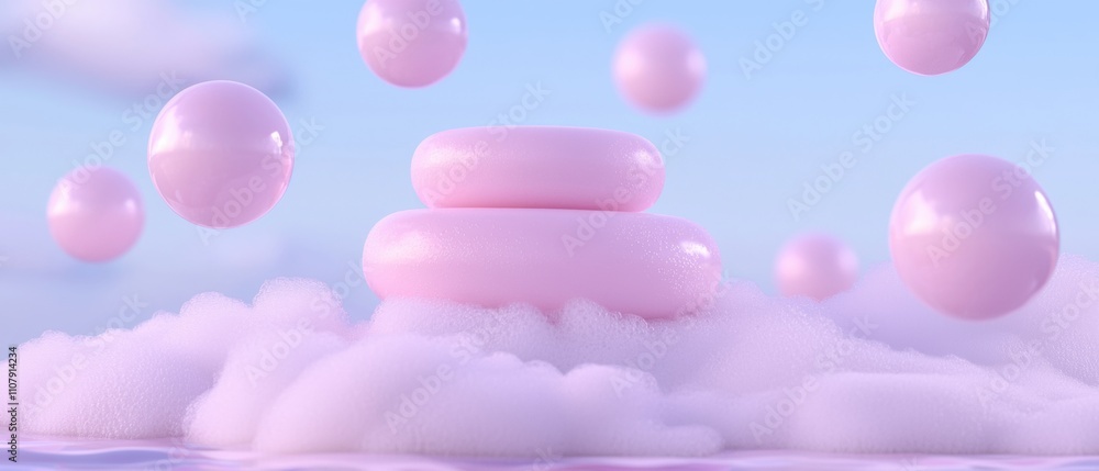 Poster 3d rendering of a stack of pink soap bars on top of a cloud. the soap bars are arranged in a pyramid-like shape and are placed on a pink surface. the background is a light blue sky with white clouds.