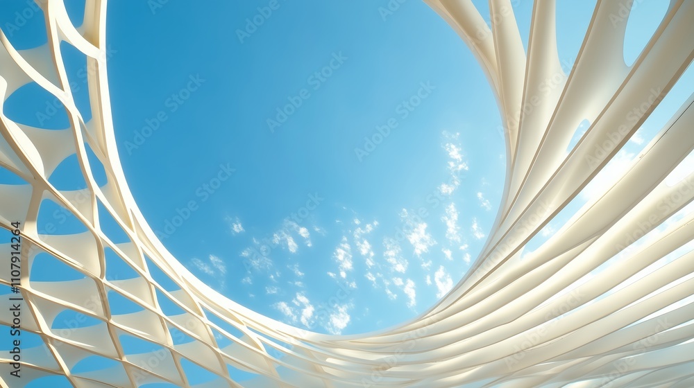 Poster unique architectural structure showcasing modern design with a bright sky in the background