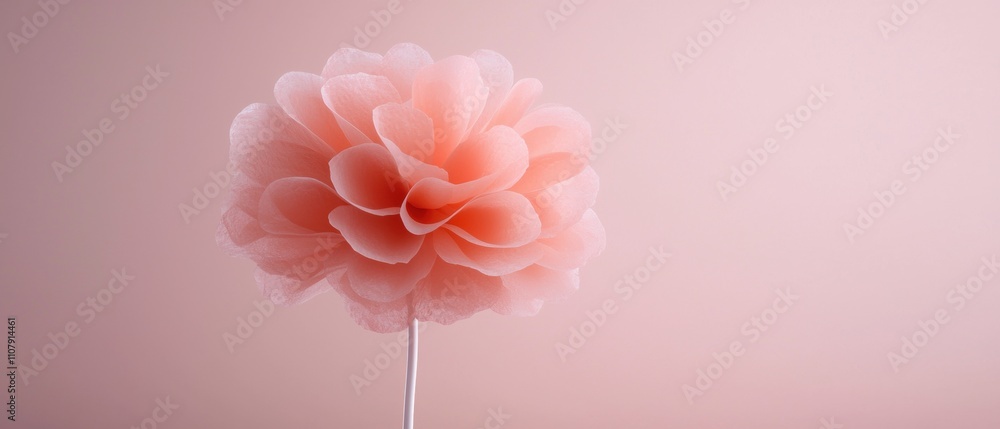 Poster close-up of a single pink flower on a white stick. the flower is made up of multiple layers of petal