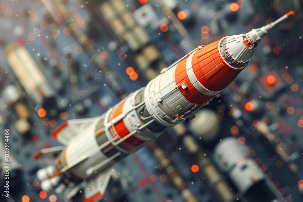 Poster A scale model of a rocket ship with a distinctive red and white color scheme, perfect for use in sci-fi themed projects or as a decorative piece