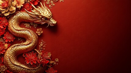 Fototapeta premium A vibrant Chinese New Year design featuring a coiled, intricately detailed golden snake amidst blooming cherry blossoms on a rich red textured background.