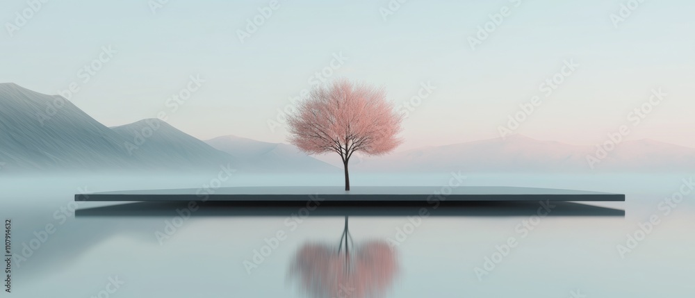 Poster digital illustration of a single tree on a small island in the middle of a body of water. the island