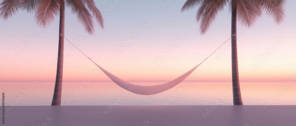 Aufkleber hammock hanging between two palm trees on a beach at sunset. the hammock is suspended between two ta