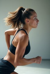Obraz premium A determined woman sprints forward, her athletic physique highlighted by the sleek black sportswear she wears. The intensity in her expression and the flowing hair create a sense of energy and focus