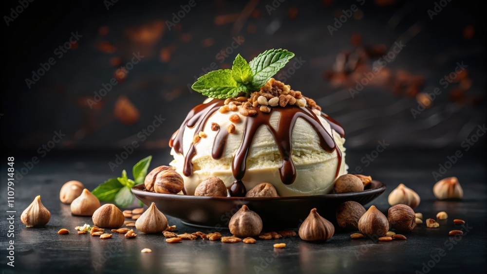 Poster a single scoop of vanilla ice cream topped with chocolate sauce, chopped nuts, and a sprig of mint, 