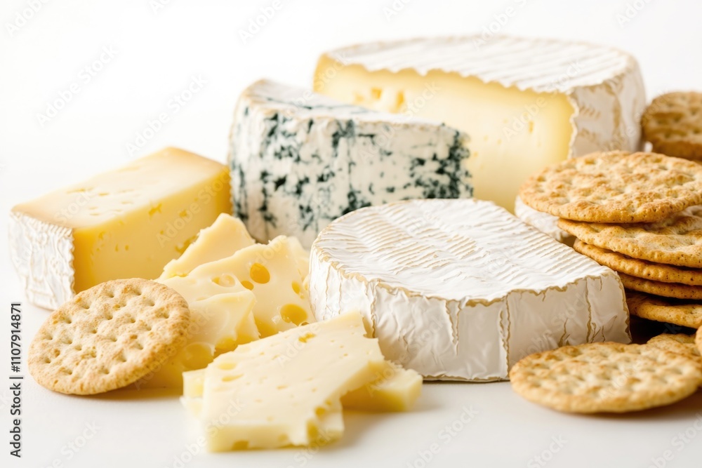 Poster a selection of cheeses and crackers on a table, perfect for snacking or entertaining