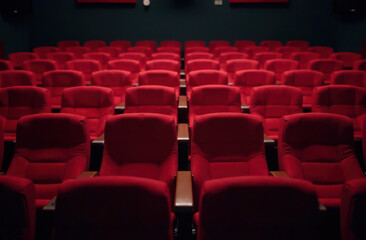 Fototapeta premium Empty red theater seats in dimly lit cinema auditorium