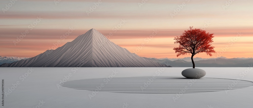 Poster digital illustration of a landscape with a large mountain in the background. the mountain is covered