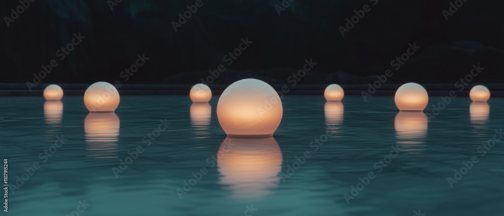 Poster group of nine white spheres floating on top of a body of water. the spheres are arranged in a line, 