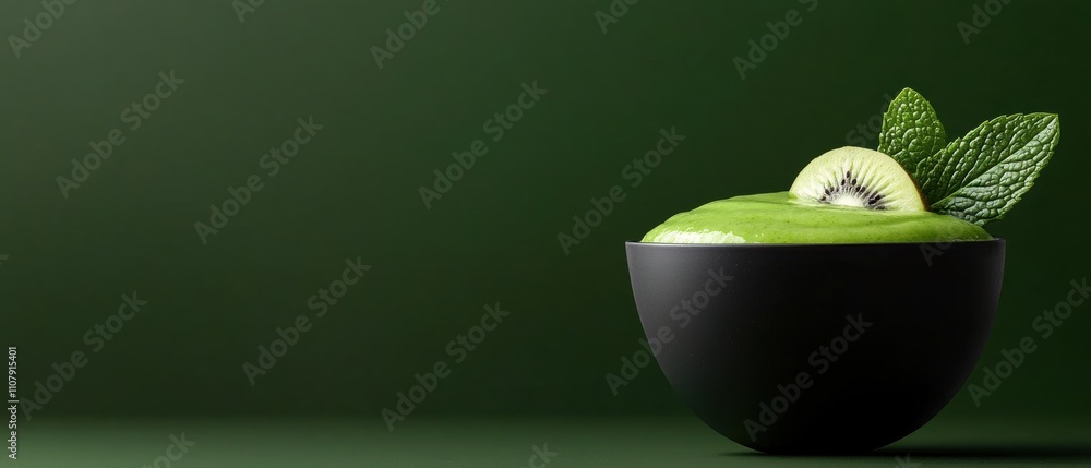 Poster close-up of a black bowl filled with a green smoothie. the smoothie is topped with a slice of kiwi a