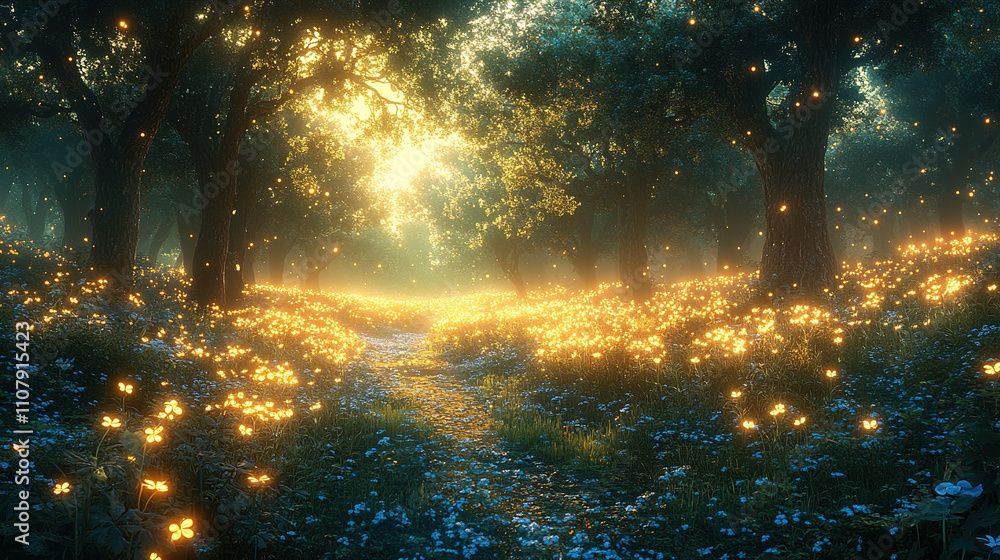 Poster sunlight filters through trees illuminating a vibrant meadow filled with flowers in a magical forest