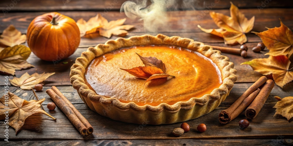 Poster a steaming pumpkin pie surrounded by fall leaves and cinnamon sticks on a rustic wooden table