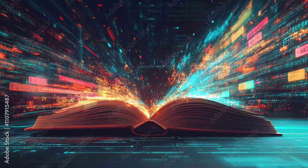 Poster Digital transformation of knowledge highlighted by a glowing book amidst a blur of vibrant data streams