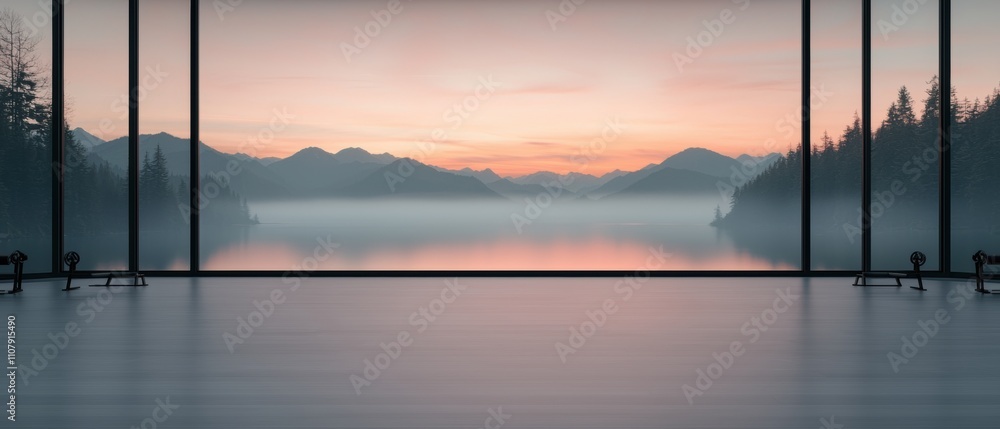 Poster 3d rendering of a beautiful landscape with a large window that offers a stunning view of a lake and 
