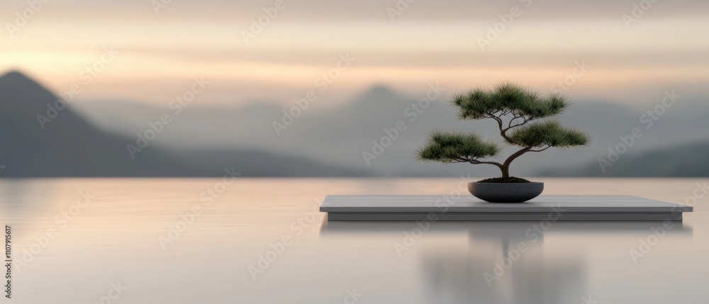 Aufkleber small bonsai tree in a black pot on a white rectangular platform. the platform is placed on a calm s