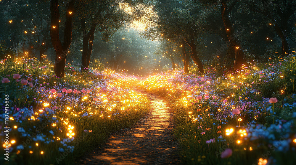 Poster magical forest path illuminated by glowing flowers and fireflies during twilight hours in a serene l