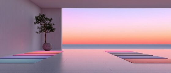Modern room with a large window that offers a beautiful view of the ocean at sunset. the room has a white floor and walls, and the floor is made of light-colored tiles.