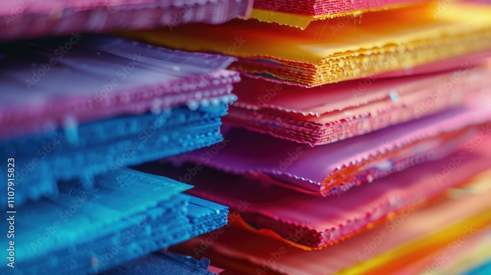 Aufkleber close-up view of a stacked fabric collection with vibrant colors and textures