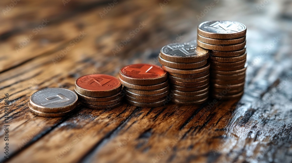 Poster risk wording on decreasing coins stacking with down arrow for financial banking risk analysis and ma