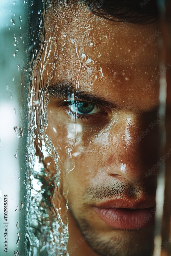 Poster a close-up shot of a man's face with water droplets or splashes, suitable for use in various situati