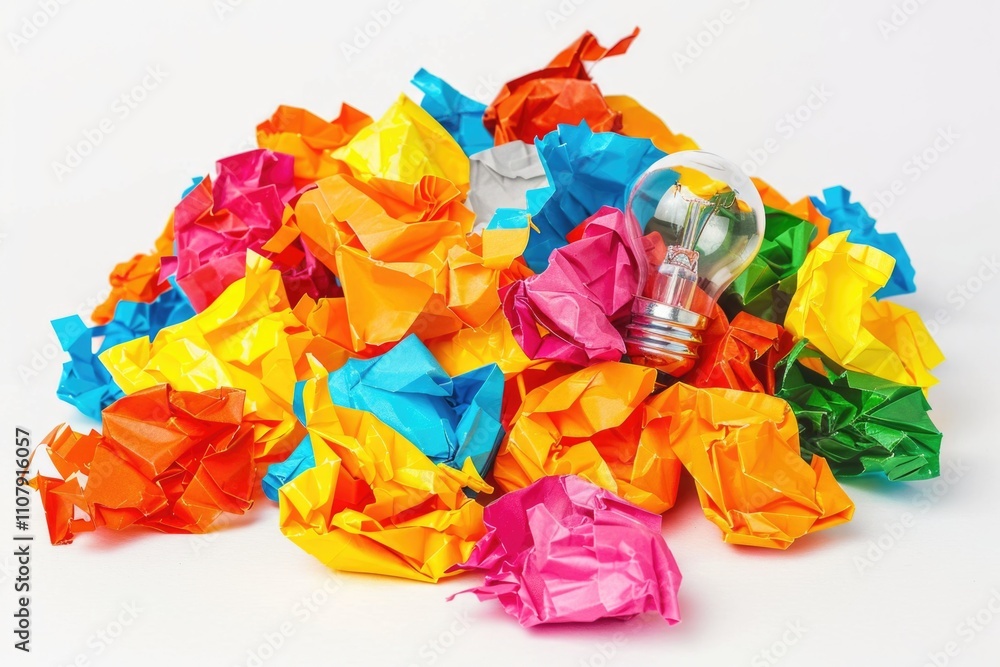 Poster a pile of crumpled paper with a light bulb on top, great for representing creativity, idea or inspir
