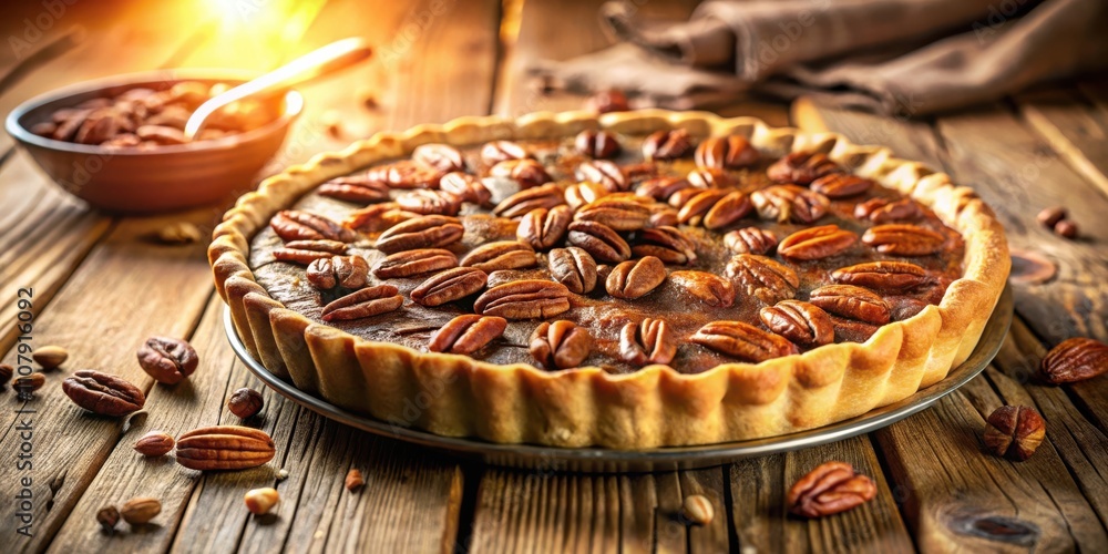 Poster A freshly baked pecan pie with a flaky crust and a generous amount of pecans on top, ready to be enjoyed