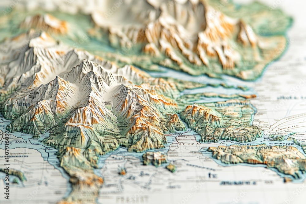 Aufkleber A close-up view of a map showing a mountain range with terrain features and peaks