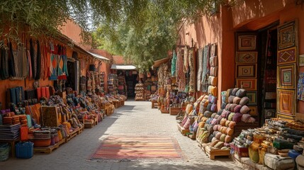 Fototapeta premium Vibrant marketplace with colorful textiles and pottery, showcasing local craftsmanship.